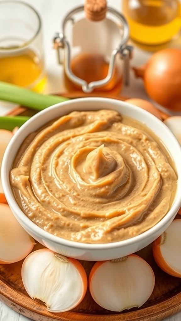 A bowl of onion hair mask with fresh onions and honey, highlighting natural hair care ingredients.
